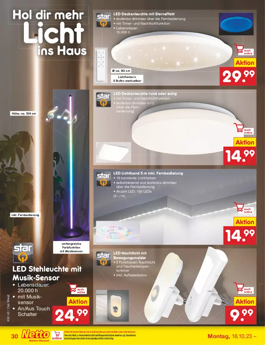 Aktueller Prospekt Netto Marken-Discount - Filial-Angebote - von 16.10 bis 21.10.2023 - strona 34 - produkty: auer, decke, deckenleuchte, eis, fernbedienung, Lampe, LED Deckenleuchte, leds, Leuchte, Nachtlicht, ndk, reis, Schal, stehleuchte, Tasche, taschen, taschenlampe, Ti, timer