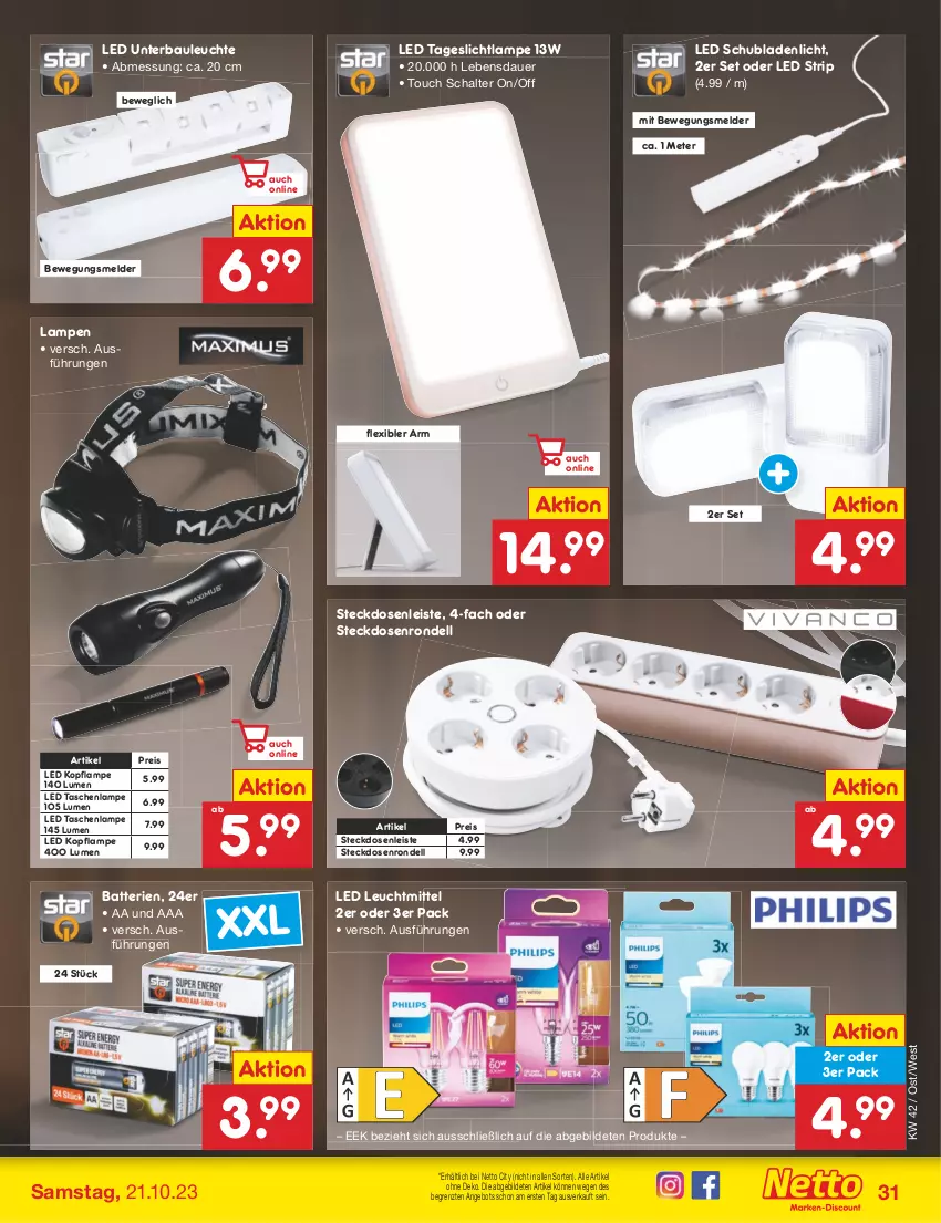 Aktueller Prospekt Netto Marken-Discount - Filial-Angebote - von 16.10 bis 21.10.2023 - strona 35 - produkty: angebot, auer, batterie, batterien, Bau, dell, eis, Lampe, Leuchte, leuchtmittel, reis, Rondell, Schal, schubladen, steckdose, Steckdosenleiste, Tageslichtlampe, Tasche, taschen, taschenlampe, Ti, ZTE