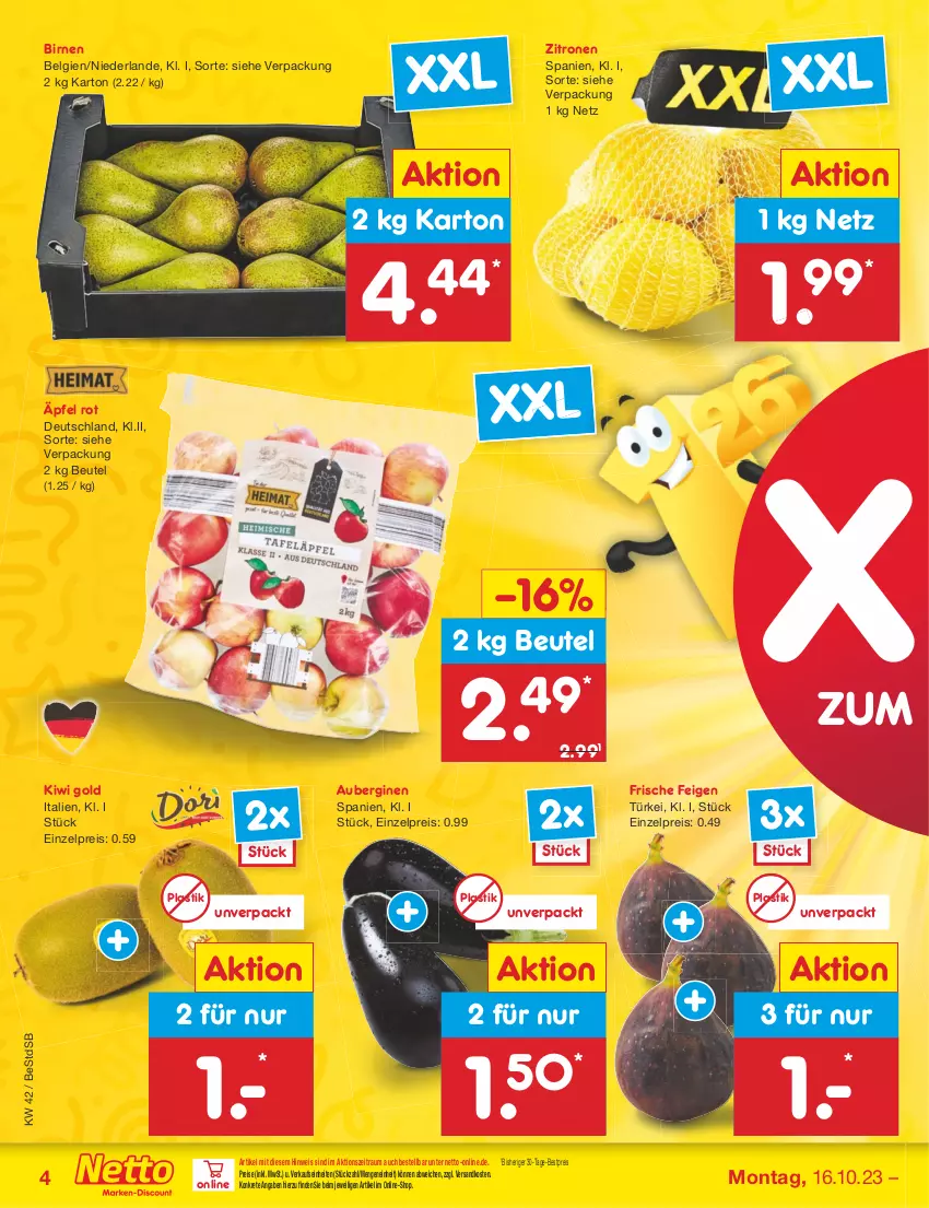 Aktueller Prospekt Netto Marken-Discount - Filial-Angebote - von 16.10 bis 21.10.2023 - strona 4 - produkty: asti, aubergine, auberginen, bestpreis, beutel, Birnen, eis, Feigen, gin, kiwi, Kiwi Gold, LG, ndk, reis, Ti, zitrone, zitronen