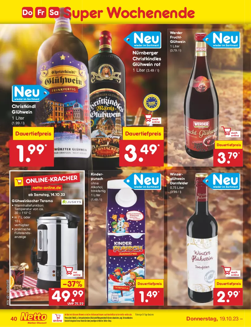 Aktueller Prospekt Netto Marken-Discount - Filial-Angebote - von 16.10 bis 21.10.2023 - strona 44 - produkty: alkohol, auer, Berger, bestpreis, dauertiefpreis, dornfelder, eis, erde, frucht, Glühwein, Kinder, Kindle, Kocher, ndk, nürnberger, ohne alkohol, reis, Ti, tiefpreis, tisch, wein, ZTE