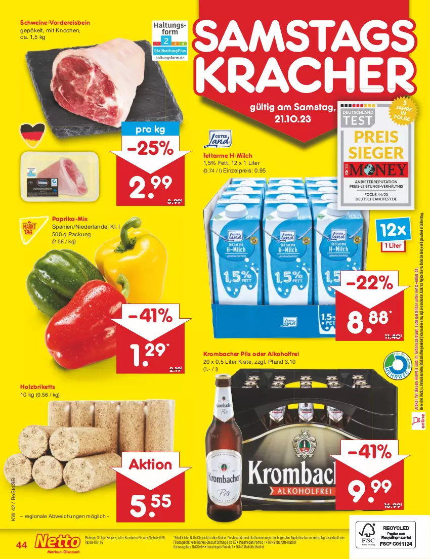 Aktueller Prospekt Netto Marken-Discount - Filial-Angebote - von 16.10 bis 21.10.2023 - strona 48 - produkty: alkohol, angebot, angebote, bestpreis, briketts, discount, eis, Holz, Holzbriketts, kracher, krombache, krombacher, krombacher pils, marken-discount, milch, ndk, paprika, pils, reis, schwein, schweine, Ti, wein, weine, ZTE