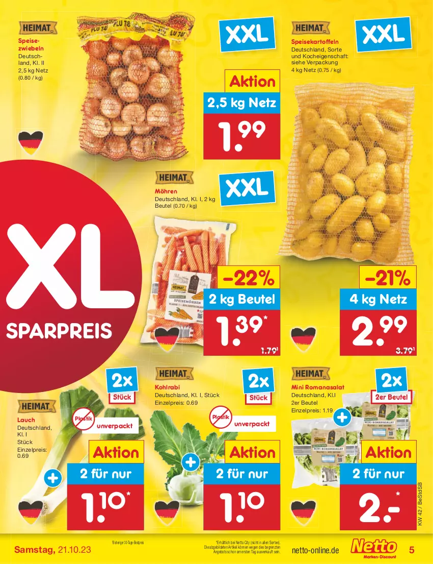 Aktueller Prospekt Netto Marken-Discount - Filial-Angebote - von 16.10 bis 21.10.2023 - strona 5 - produkty: angebot, asti, bestpreis, beutel, eis, kartoffel, kartoffeln, kohlrabi, möhren, reis, Romanasalat, salat, speisekartoffeln, Speisezwiebeln, Ti, ZTE, zwiebel, zwiebeln