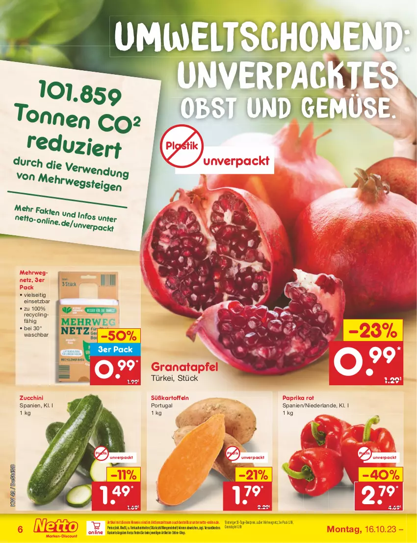 Aktueller Prospekt Netto Marken-Discount - Filial-Angebote - von 16.10 bis 21.10.2023 - strona 6 - produkty: apfel, asti, bestpreis, Clin, eis, grana, granatapfel, kartoffel, kartoffeln, ndk, obst, Obst und Gemüse, paprika, paprika rot, Rana, reis, rwe, Süßkartoffeln, Ti, und gemüse, zucchini