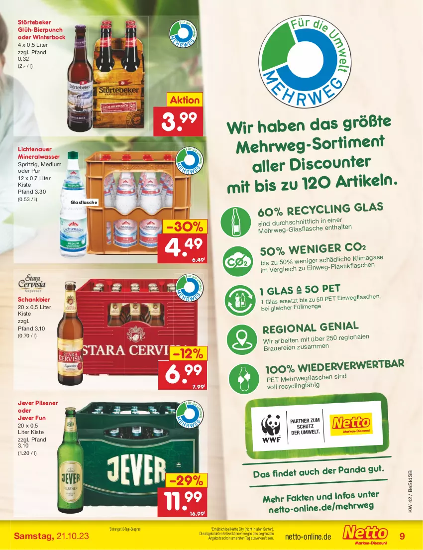 Aktueller Prospekt Netto Marken-Discount - Filial-Angebote - von 16.10 bis 21.10.2023 - strona 9 - produkty: Alwa, angebot, asti, auer, bestpreis, bier, Clin, discount, eis, flasche, glasflasche, jever, jever pilsener, lichtenauer, mineralwasser, pils, pilsener, reis, rwe, Schankbier, störtebeker, Ti, wasser, ZTE