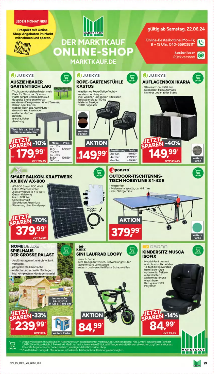 Aktueller Prospekt Marktkauf - Prospekt - von 23.06 bis 29.06.2024 - strona 29 - produkty: angebot, angebote, asti, auflagenbox, auto, Bank, Bau, Brei, decke, Deckel, eis, elle, garnitur, Garten, gartentisch, Handy, Hobby, Kinder, Kindersitz, kissen, kopfstütze, kraft, latte, LG, Mode, reifen, Ria, rwe, sitzkissen, steckdose, Stühl, Ti, tisch, uhr, WICK