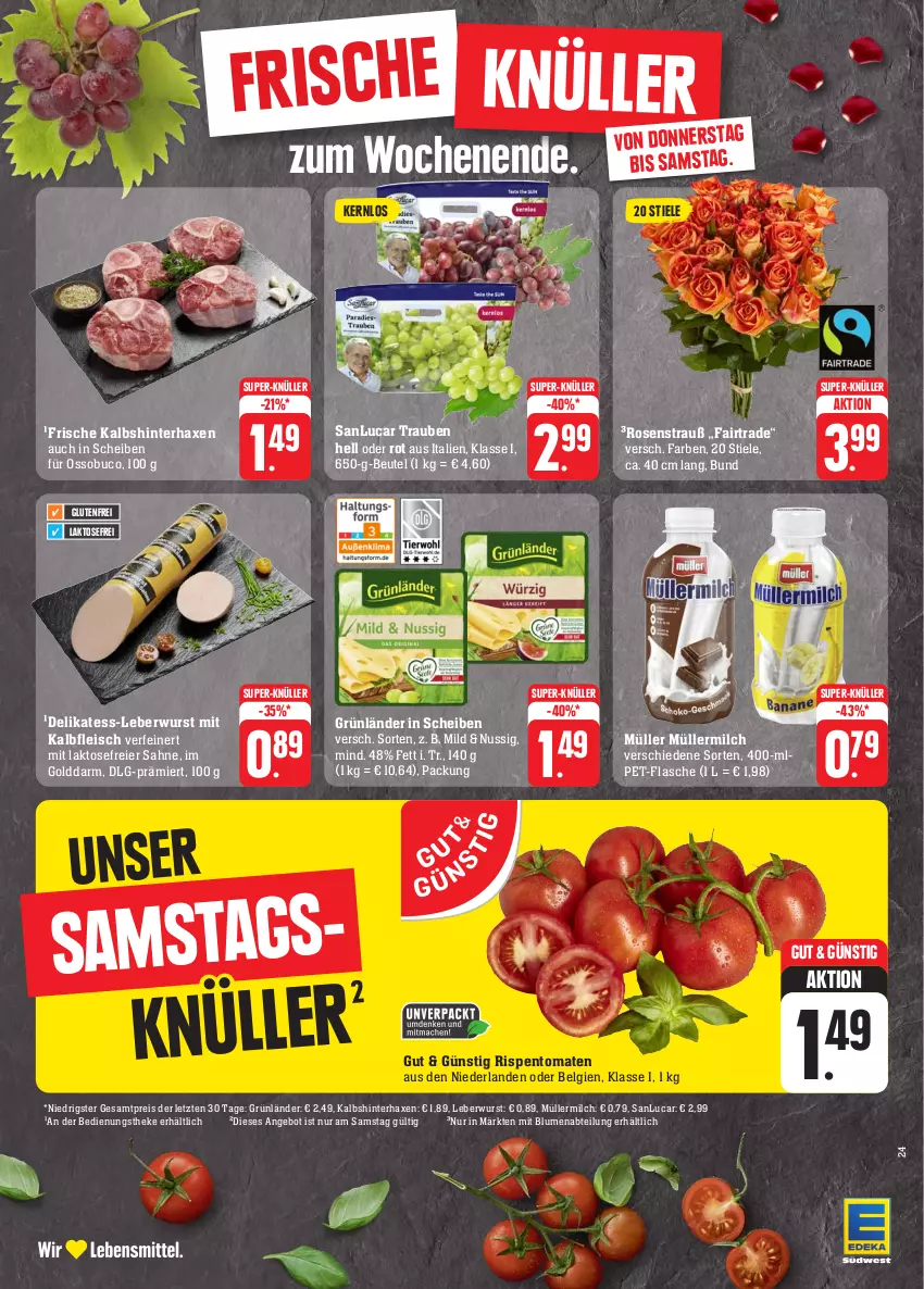 Aktueller Prospekt E Center - Angebote der Woche - von 25.09 bis 30.09.2023 - strona 29 - produkty: Abtei, angebot, axe, beutel, blume, blumen, eier, eis, flasche, fleisch, grünländer, Haxe, Kalbfleisch, leberwurst, LG, milch, mit kalbfleisch, Müller, müllermilch, nuss, pet-flasche, reis, rispentomaten, rosen, Rosenstrauß, sahne, super-knüller, Ti, tomate, tomaten, trauben, wurst, ZTE