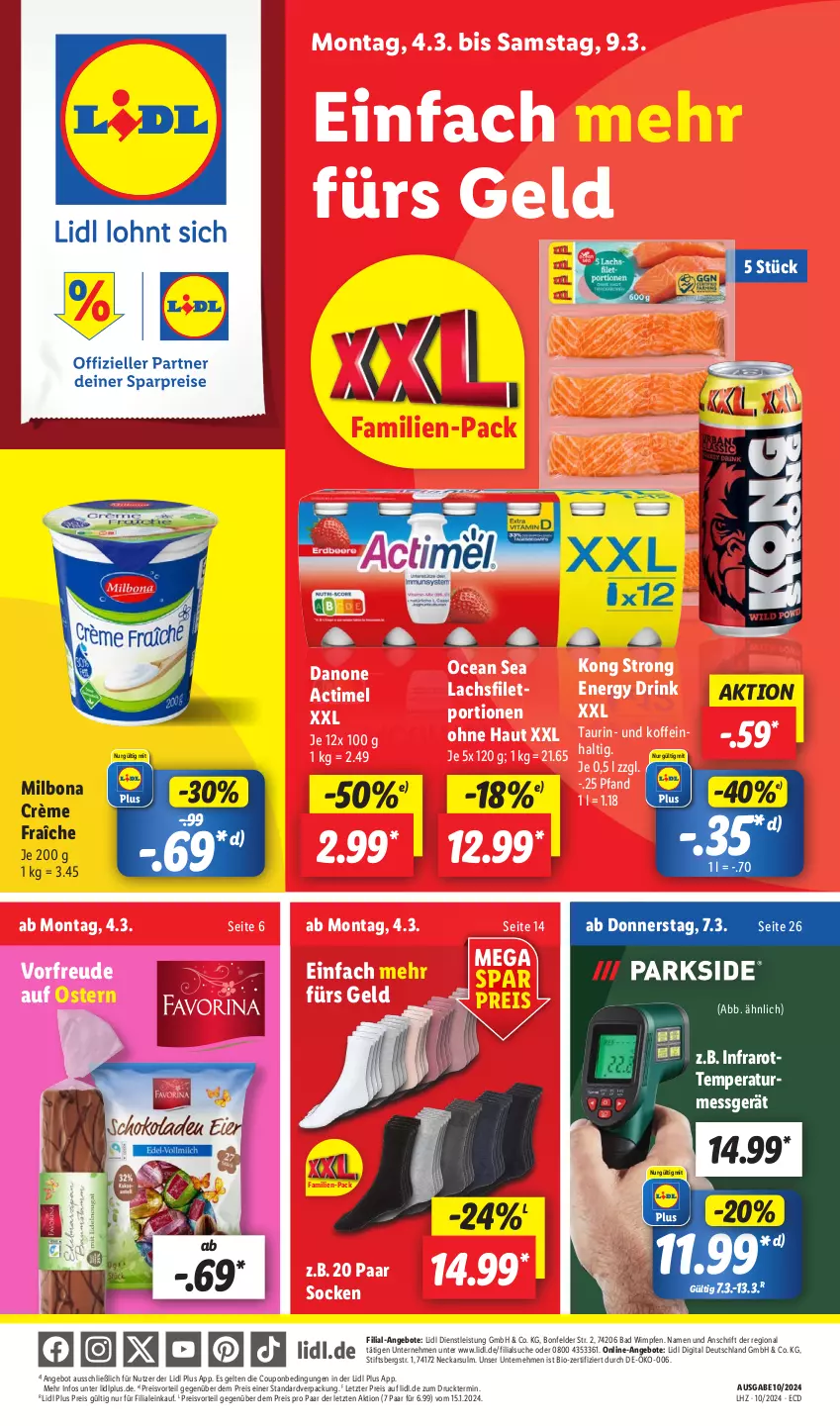 Aktueller Prospekt Lidl - Aktionsprospekt - von 04.03 bis 09.03.2024 - strona 1 - produkty: actimel, angebot, angebote, Bad, bio, Bona, coupon, crème fraîche, danone, drink, eis, energy drink, filet, lachs, lachsfilet, Milbona, preisvorteil, reis, socken, Ti, ZTE