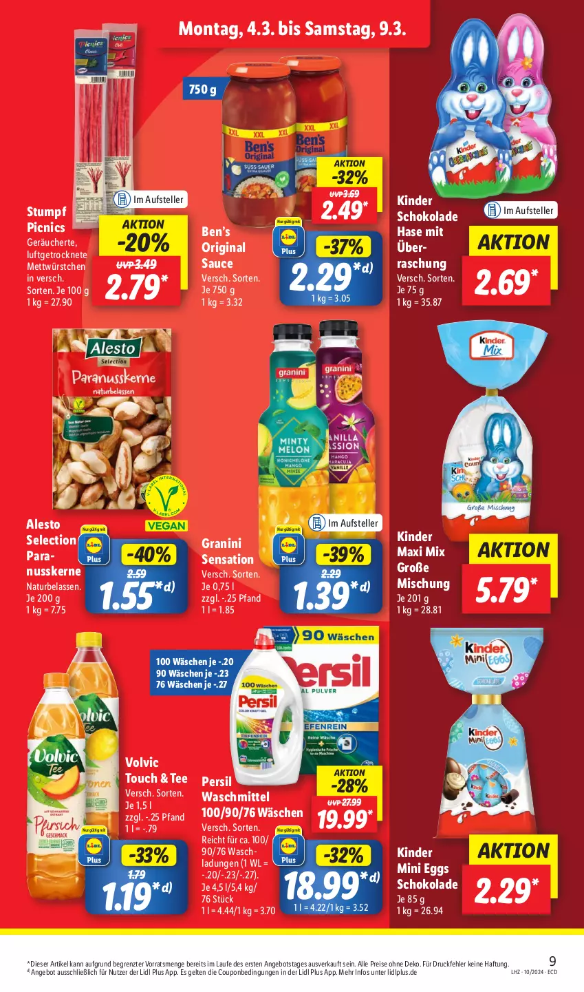 Aktueller Prospekt Lidl - Aktionsprospekt - von 04.03 bis 09.03.2024 - strona 13 - produkty: alesto, angebot, Ben’s Original, coupon, eis, elle, gin, granini, Kinder, Kinder Maxi, kinder schokolade, Mett, natur, nuss, Paranusskerne, persil, persil waschmittel, reis, sauce, schoko, schokolade, tee, teller, Ti, volvic, waschmittel, würstchen, ZTE