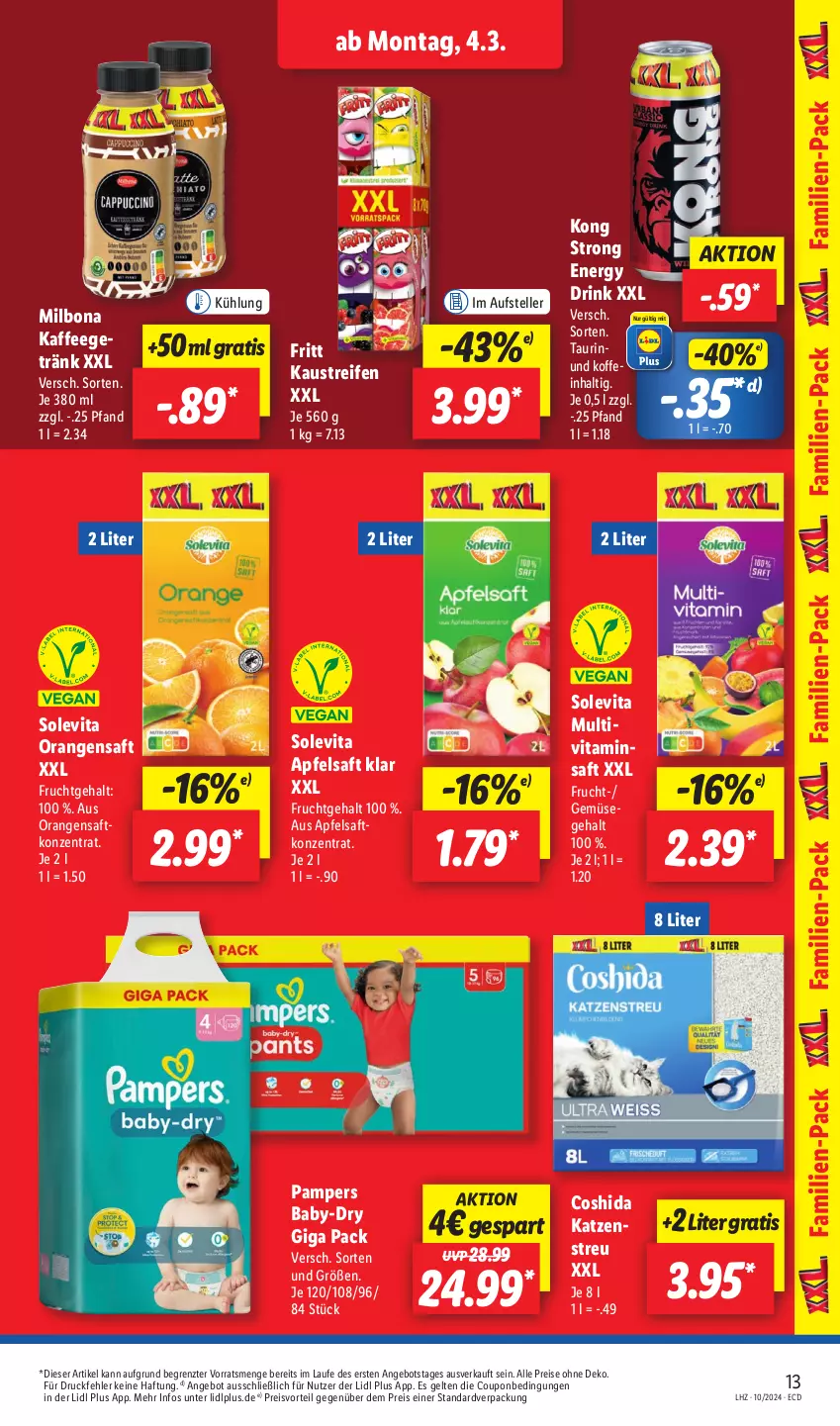 Aktueller Prospekt Lidl - Aktionsprospekt - von 04.03 bis 09.03.2024 - strona 17 - produkty: angebot, apfel, apfelsaft, aust, baby-dry, Bona, Coshida, coupon, drink, eis, elle, energy drink, frucht, getränk, kaffee, Katzenstreu, Kaustreifen, Milbona, Multivitaminsaft, orange, orangen, orangensaft, pampers, preisvorteil, reifen, reis, saft, teller, Ti, vita, ZTE