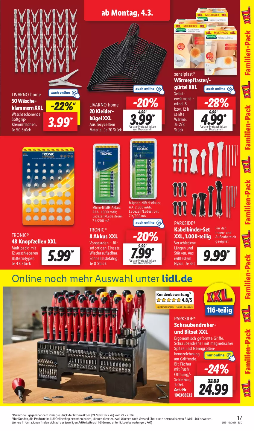 Aktueller Prospekt Lidl - Aktionsprospekt - von 04.03 bis 09.03.2024 - strona 21 - produkty: akku, batterie, Bitset, bügel, eis, elle, Klammern, kleid, kleider, kleiderbügel, lamm, NiMH-Akkus, Parkside, Persona, pflaster, preisvorteil, reis, Ria, schrauben, Schraubendreher, Ti, tisch, ZTE