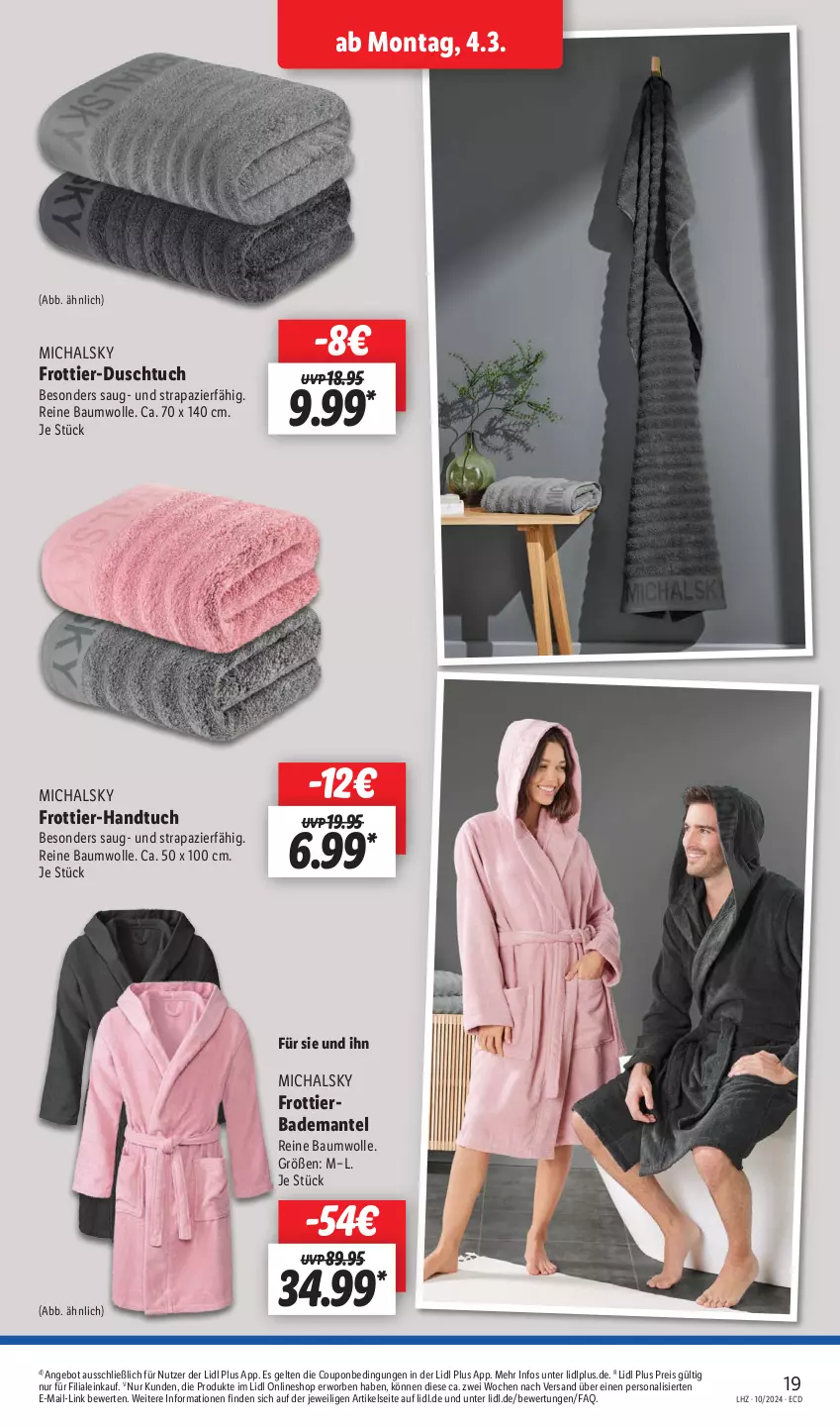 Aktueller Prospekt Lidl - Aktionsprospekt - von 04.03 bis 09.03.2024 - strona 23 - produkty: angebot, Bad, Bademantel, Bau, baumwolle, coupon, duschtuch, eis, frottier-handtuch, handtuch, Mantel, Persona, reine baumwolle, reis, Ti, tuc, wolle