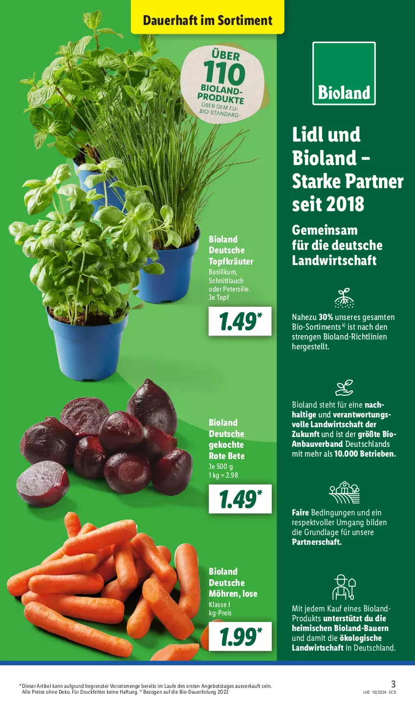 Aktueller Prospekt Lidl - Aktionsprospekt - von 04.03 bis 09.03.2024 - strona 3 - produkty: angebot, auer, basilikum, Bau, Bauer, bio, bioland, eis, kräuter, möhren, petersilie, reis, rote bete, schnittlauch, Ti, topf, Topfkräuter, ZTE