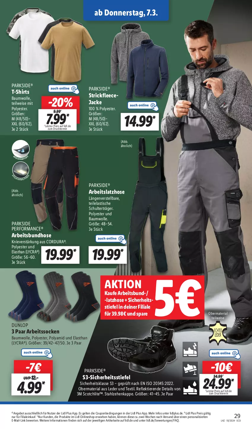 Aktueller Prospekt Lidl - Aktionsprospekt - von 04.03 bis 09.03.2024 - strona 39 - produkty: angebot, Arbeitssocken, asti, Bau, baumwolle, coupon, dunlop, eis, Fleecejacke, hose, Jacke, Latzhose, Parkside, Persona, reis, Ria, scotch, shirt, shirts, socken, Strickfleecejacke, T-Shirt, Ti, Tiere, tisch, wolle, ZTE