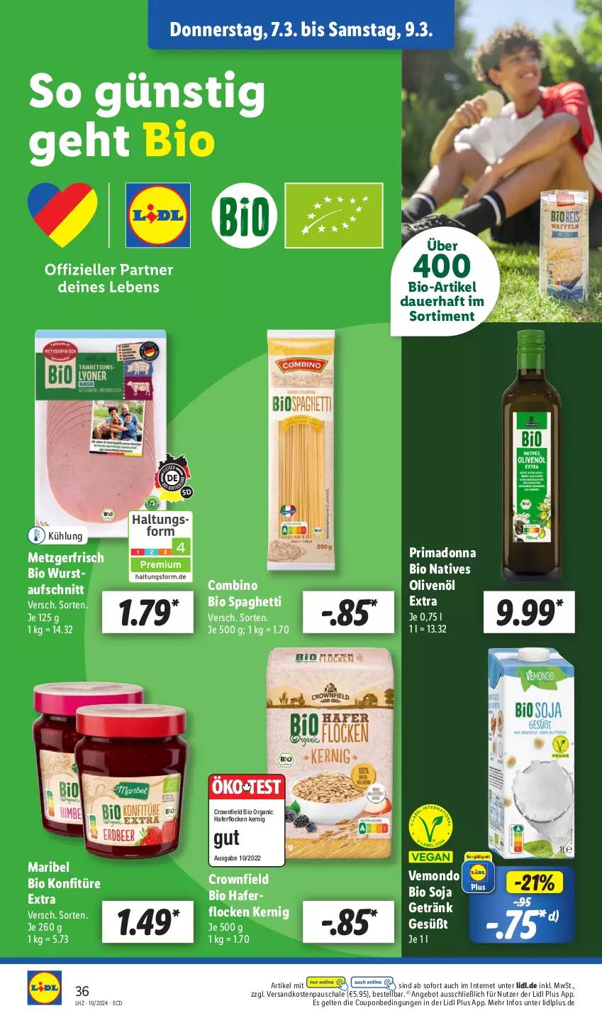 Aktueller Prospekt Lidl - Aktionsprospekt - von 04.03 bis 09.03.2024 - strona 46 - produkty: angebot, auer, aufschnitt, bio, coupon, getränk, hafer, haferflocken, konfitüre, konfitüre extra, natives olivenöl, ndk, olive, oliven, olivenöl, olivenöl extra, Schal, Schale, soja, spaghetti, Ti, wurst