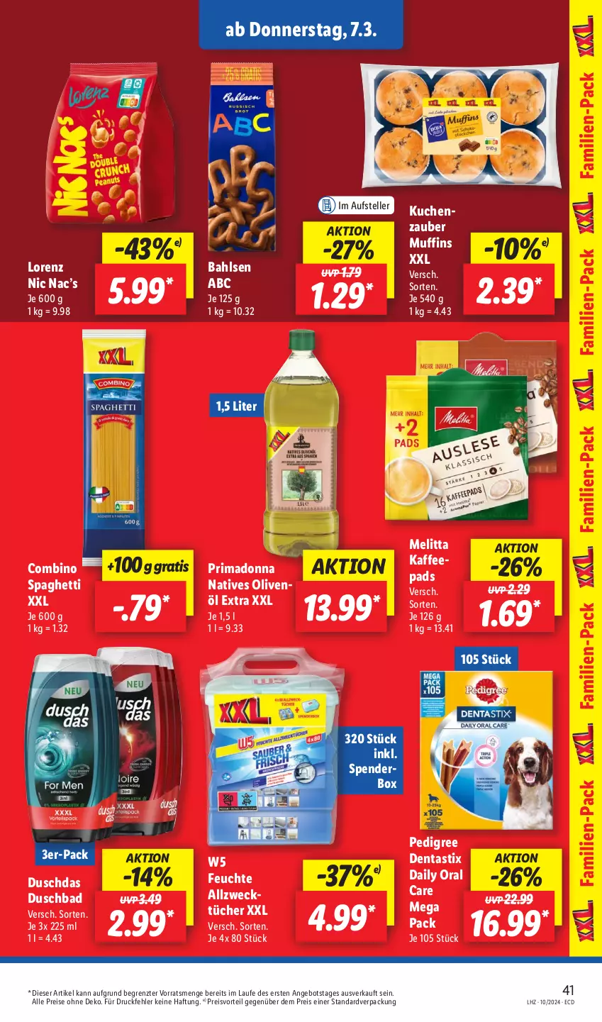 Aktueller Prospekt Lidl - Aktionsprospekt - von 04.03 bis 09.03.2024 - strona 51 - produkty: Allzwecktücher, angebot, asti, Bad, bahlsen, dentastix, duschbad, duschdas, eis, elle, kaffee, kaffeepads, kuchen, lorenz, melitta, Muffin, muffins, natives olivenöl, olive, oliven, olivenöl, olivenöl extra, pedigree, preisvorteil, reis, spaghetti, teller, Ti, tücher, weck, ZTE