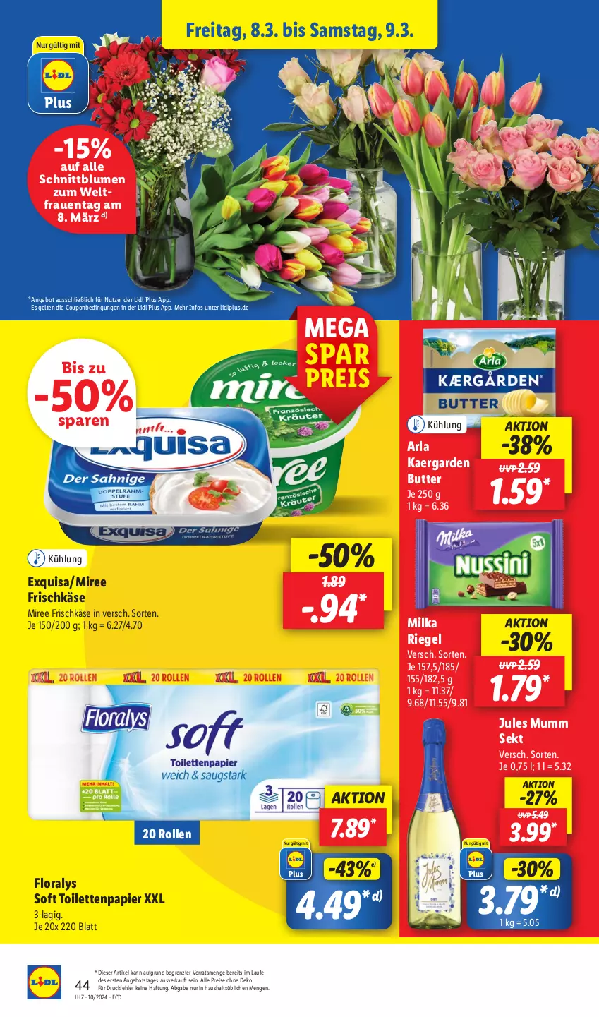 Aktueller Prospekt Lidl - Aktionsprospekt - von 04.03 bis 09.03.2024 - strona 54 - produkty: angebot, arla, blume, blumen, butter, coupon, drucker, eis, Engel, exquisa, Floralys, frischkäse, jules mumm, Käse, kerze, milka, miree, mumm, papier, reis, riegel, sekt, Ti, toilettenpapier, ZTE