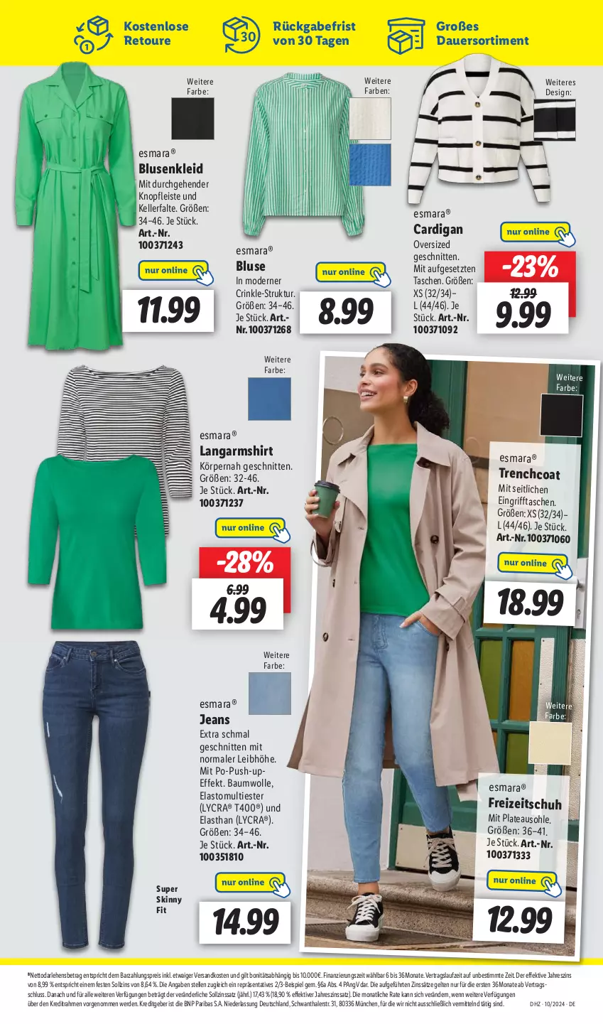 Aktueller Prospekt Lidl - Aktionsprospekt - von 04.03 bis 09.03.2024 - strona 59 - produkty: auer, Bau, baumwolle, bluse, Cardigan, eis, elle, erde, esmara, jeans, kleid, Langarmshirt, Mode, ndk, Push-up, reis, schnitten, shirt, Tasche, taschen, Ti, Trenchcoat, wolle, ZTE