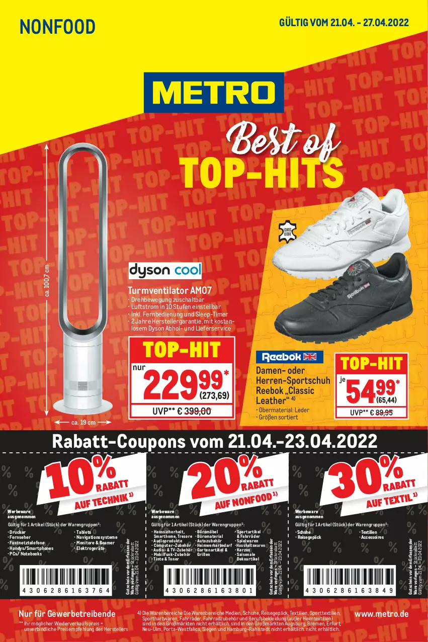 Aktueller Prospekt Metro - NonFood - von 21.04 bis 27.04.2022 - strona 1 - produkty: ACC, accessoires, auto, Autozubehör, computer, coupon, coupons, drucker, Dyson, eis, Elektro, elektrogeräte, elle, Fahrrad, fernbedienung, fernseher, Garten, grill, gutschein, Handy, heimtextilien, kerze, kleid, Kleidung, lieferservice, Metro, möbel, monitor, Monitore, notebook, notebooks, pute, rabatt-coupon, Reebok, reis, Ria, Schal, schuhe, smartphone, smartphones, spielwaren, Sport, tablet, Tablets, telefon, teller, Ti, timer, Toner, top-hit, turmventilator, ventilator, ZTE