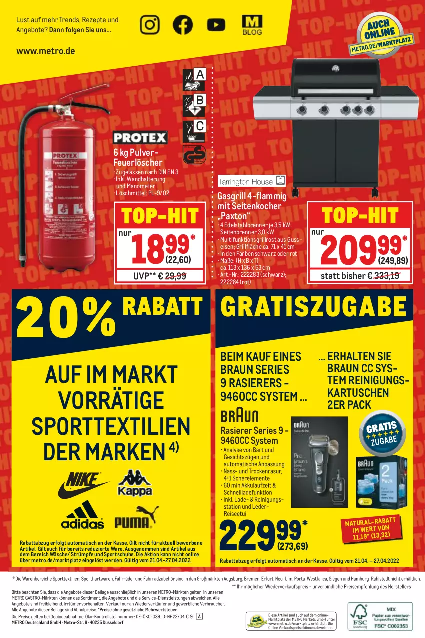 Aktueller Prospekt Metro - NonFood - von 21.04 bis 27.04.2022 - strona 12 - produkty: abholpreise, akku, angebot, angebote, auto, braun, edelstahl, eis, elle, ente, erde, Fahrrad, gasgrill, grill, grillfläche, grillrost, ilag, Kocher, lamm, LG, Metro, metro gastro, natur, natura, Pax, rasierer, Rauch, Reinigung, reis, rel, rezept, rezepte, rwe, Schere, schnellladefunktion, schuhe, Sport, sportschuhe, strümpfe, teller, Ti, tisch, top-hit, wandhalterung