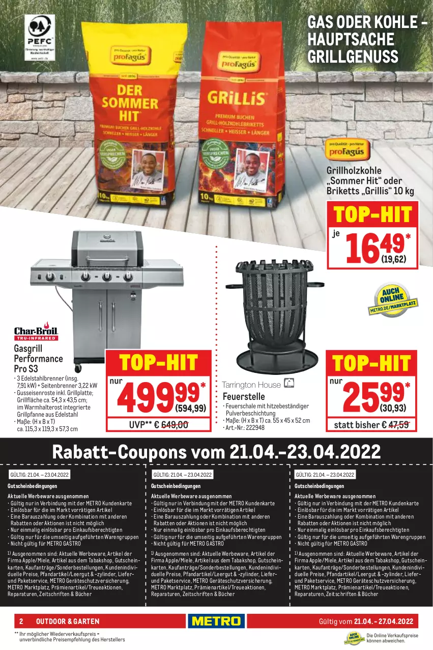 Aktueller Prospekt Metro - NonFood - von 21.04 bis 27.04.2022 - strona 2 - produkty: Apple, briketts, coupon, coupons, edelstahl, eis, elle, feuerschale, Garten, gasgrill, grill, grillfläche, grillholzkohle, Grillpfanne, grillplatte, gutschein, Holz, holzkohle, latte, LG, Metro, metro gastro, miele, nuss, pfanne, rabatt-coupon, reis, sac, Schal, Schale, teller, Ti, top-hit