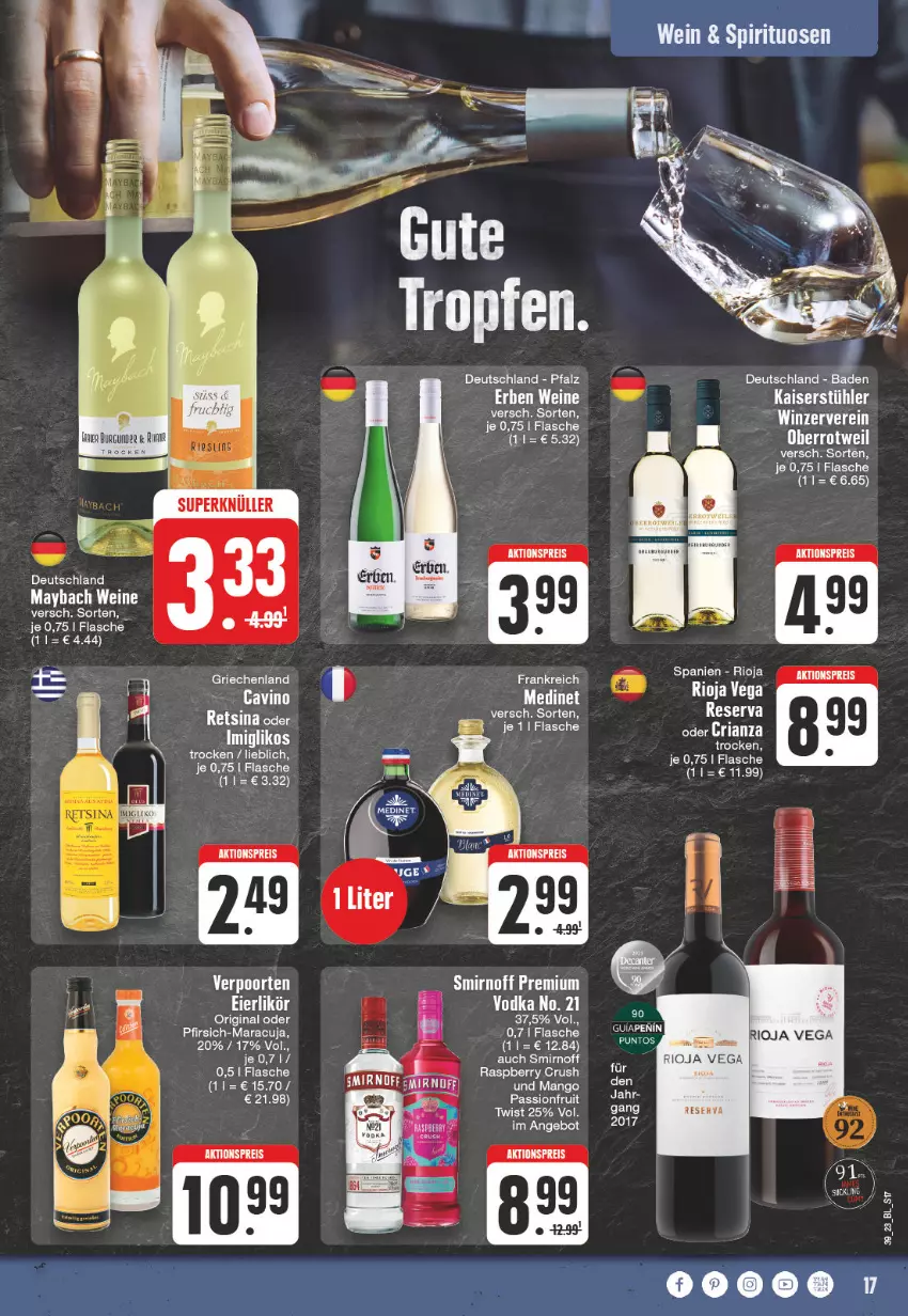 Aktueller Prospekt E Center - Angebote der Woche - von 25.09 bis 30.09.2023 - strona 17 - produkty: aktionspreis, angebot, eis, flasche, gin, Kaiser, LG, mango, maracuja, maybach, pfirsich, raspberry, reis, Ria, rioja, smirnoff, spirituosen, Stühl, Ti, verpoorten, wein, weine