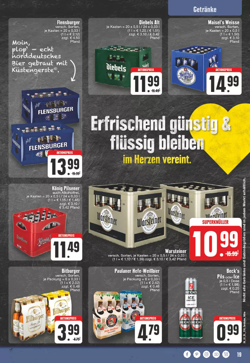 Aktueller Prospekt E Center - Angebote der Woche - von 25.09 bis 30.09.2023 - strona 19 - produkty: aktionspreis, beck's, bier, burger, eis, elle, flensburger, Hefe, mais, Paula, paulaner, pils, reis, steiner, tee, Ti, warsteiner