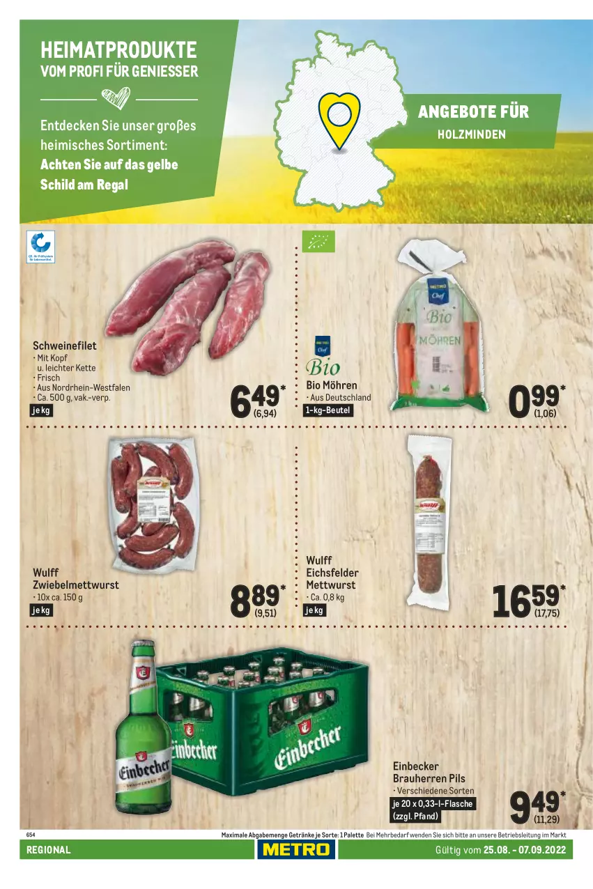 Aktueller Prospekt Metro - Regionaler Adresseinleger - von 25.08 bis 07.09.2022 - strona 10 - produkty: angebot, angebote, beutel, bio, decke, filet, flasche, getränk, getränke, Holz, Kette, Mett, mettwurst, möhren, Palette, pils, regal, schwein, schweine, schweinefilet, Ti, wein, weine, wurst, zwiebel, zwiebelmettwurst