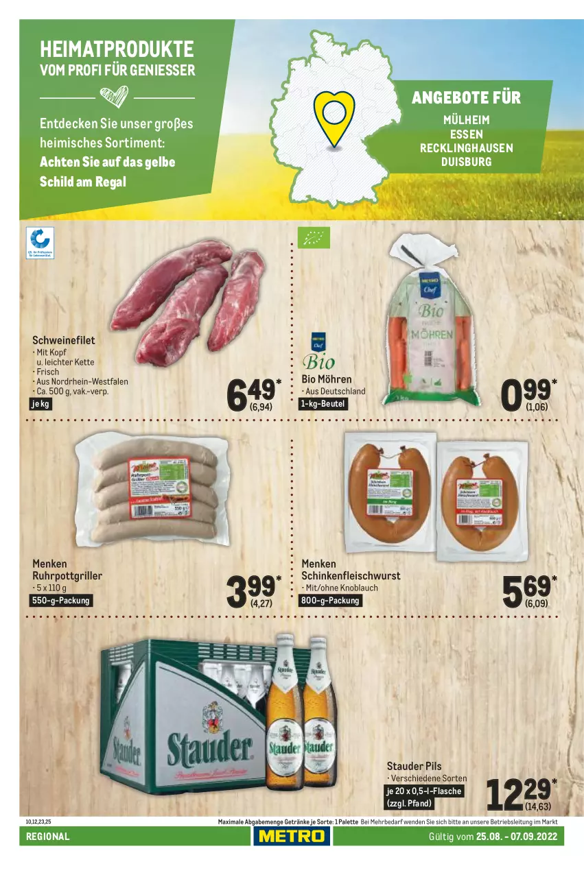 Aktueller Prospekt Metro - Regionaler Adresseinleger - von 25.08 bis 07.09.2022 - strona 20 - produkty: angebot, angebote, beutel, bio, decke, eis, filet, flasche, fleisch, fleischwurst, getränk, getränke, grill, Kette, knoblauch, möhren, Palette, pils, regal, schinken, schinkenfleischwurst, schwein, schweine, schweinefilet, Ti, uhr, wein, weine, wurst