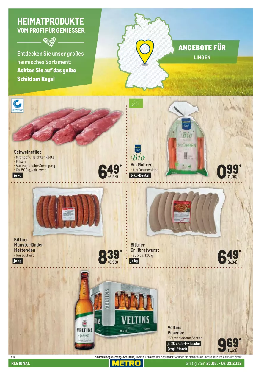 Aktueller Prospekt Metro - Regionaler Adresseinleger - von 25.08 bis 07.09.2022 - strona 32 - produkty: angebot, angebote, beutel, bio, bratwurst, decke, filet, flasche, getränk, getränke, grill, grillbratwurst, Kette, Mett, metten, Mettenden, möhren, Palette, pils, pilsener, regal, schwein, schweine, schweinefilet, Ti, veltins, veltins pilsener, wein, weine, wurst