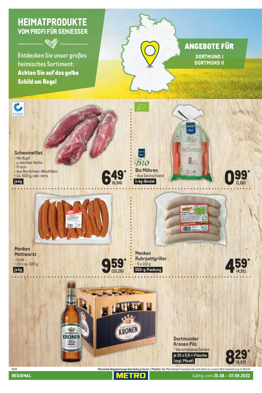 Aktueller Prospekt Metro - Regionaler Adresseinleger - von 25.08 bis 07.09.2022 - strona 34 - produkty: angebot, angebote, beutel, bio, decke, filet, flasche, getränk, getränke, grill, Kette, krone, Mett, mettwurst, möhren, Palette, pils, regal, schwein, schweine, schweinefilet, Ti, uhr, wein, weine, wurst