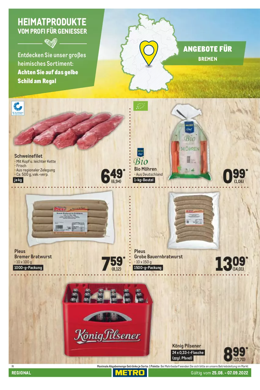 Aktueller Prospekt Metro - Regionaler Adresseinleger - von 25.08 bis 07.09.2022 - strona 38 - produkty: angebot, angebote, auer, Bau, Bauer, beutel, bio, bratwurst, decke, filet, flasche, getränk, getränke, Kette, könig pilsener, möhren, Palette, pils, pilsener, regal, schwein, schweine, schweinefilet, Ti, wein, weine, wurst