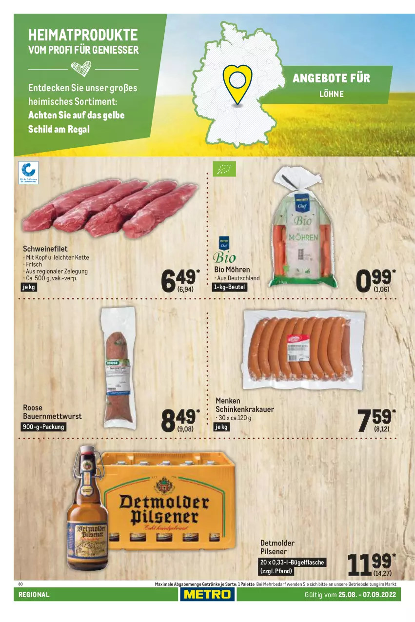 Aktueller Prospekt Metro - Regionaler Adresseinleger - von 25.08 bis 07.09.2022 - strona 44 - produkty: angebot, angebote, auer, Bau, Bauer, beutel, bio, bügel, bügelflasche, decke, filet, flasche, getränk, getränke, Kette, krakauer, Mett, mettwurst, möhren, Palette, pils, pilsener, regal, schinken, schinkenkrakauer, schwein, schweine, schweinefilet, Ti, wein, weine, wurst