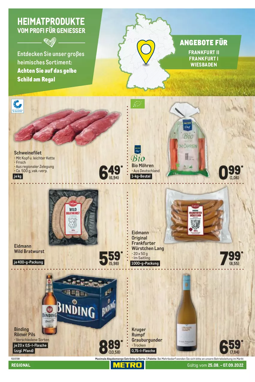 Aktueller Prospekt Metro - Regionaler Adresseinleger - von 25.08 bis 07.09.2022 - strona 52 - produkty: angebot, angebote, Bad, beutel, bio, bratwurst, burgunder, decke, filet, flasche, frankfurter, getränk, getränke, gin, grauburgunder, Kette, möhren, Palette, pils, regal, rum, schwein, schweine, schweinefilet, Ti, wein, weine, Wild, wurst, würstchen