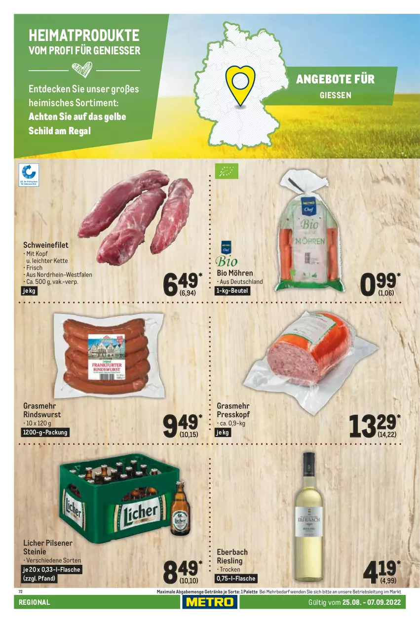 Aktueller Prospekt Metro - Regionaler Adresseinleger - von 25.08 bis 07.09.2022 - strona 54 - produkty: angebot, angebote, beutel, bio, decke, filet, flasche, getränk, getränke, Kette, möhren, Palette, pils, pilsener, regal, riesling, rind, schwein, schweine, schweinefilet, Ti, wein, weine, wurst