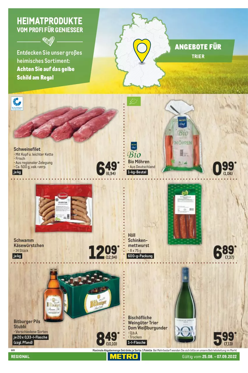 Aktueller Prospekt Metro - Regionaler Adresseinleger - von 25.08 bis 07.09.2022 - strona 64 - produkty: angebot, angebote, beutel, bio, bitburger, bitburger pils, burger, burgunder, decke, filet, flasche, getränk, getränke, Käse, Kette, Mett, mettwurst, möhren, Palette, pils, regal, schinken, schwamm, schwein, schweine, schweinefilet, Ti, wein, weine, Weißburgunder, wurst, würstchen