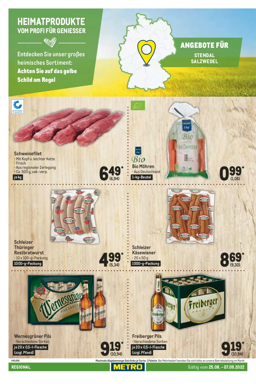 Aktueller Prospekt Metro - Regionaler Adresseinleger - von 25.08 bis 07.09.2022 - strona 78 - produkty: angebot, angebote, Berger, beutel, bio, bratwurst, decke, filet, flasche, Freiberger, getränk, getränke, Käse, Kette, möhren, Palette, pils, regal, ring, rostbratwurst, salz, schwein, schweine, schweinefilet, thüringer rostbratwurst, Ti, wedel, wein, weine, wiener, wurst