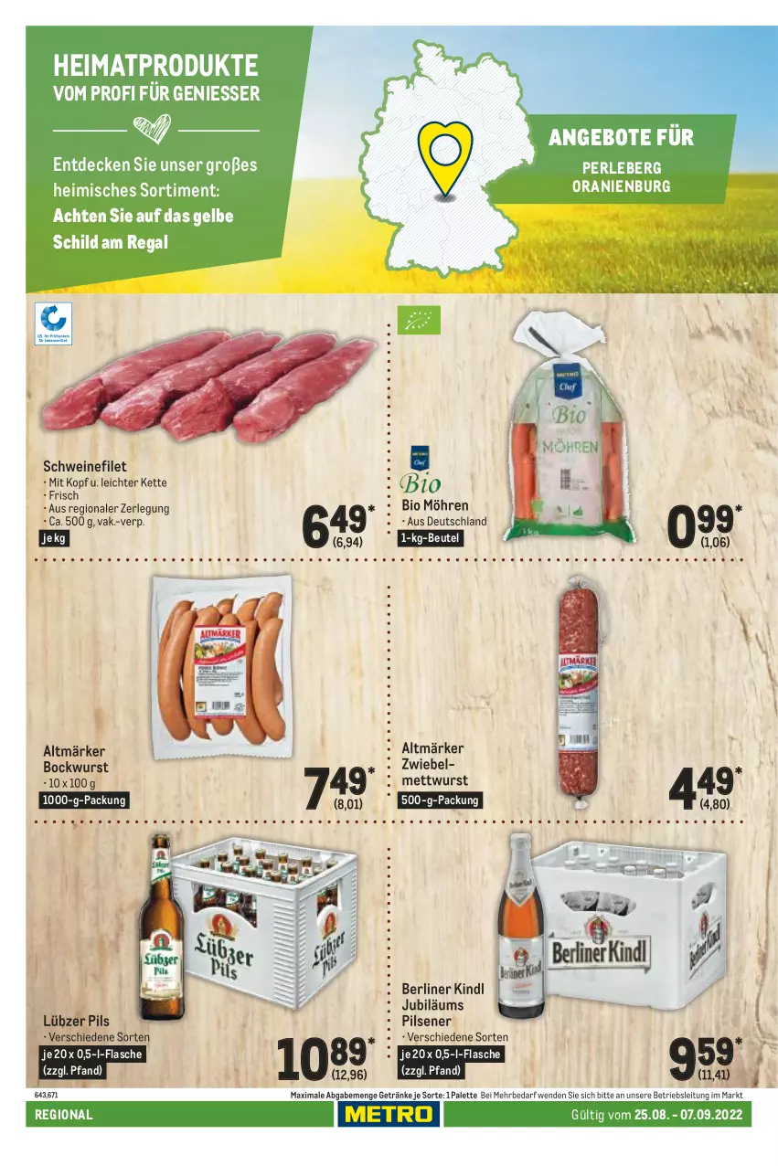 Aktueller Prospekt Metro - Regionaler Adresseinleger - von 25.08 bis 07.09.2022 - strona 80 - produkty: angebot, angebote, berliner, berliner kindl, beutel, bio, bockwurst, decke, filet, flasche, getränk, getränke, Jubiläums, Kette, Lübzer, Mett, mettwurst, möhren, Palette, pils, pilsener, regal, schwein, schweine, schweinefilet, Ti, wein, weine, wurst, zwiebel, zwiebelmettwurst