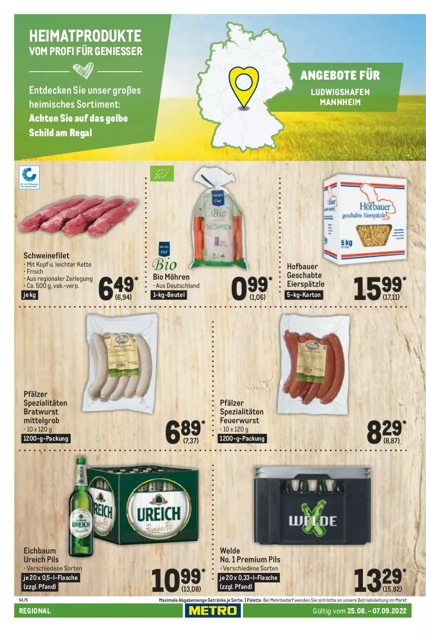 Aktueller Prospekt Metro - Regionaler Adresseinleger - von 25.08 bis 07.09.2022 - strona 94 - produkty: angebot, angebote, auer, Bau, Bauer, beutel, bio, bratwurst, decke, eier, eierspätzle, filet, flasche, getränk, getränke, Kette, LG, möhren, Palette, pils, premium pils, regal, schwein, schweine, schweinefilet, Spezi, Ti, wein, weine, wurst