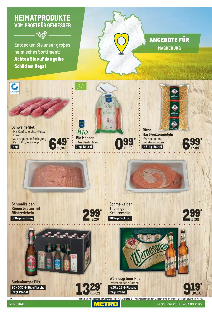 Aktueller Prospekt Metro - Regionaler Adresseinleger - von 25.08 bis 07.09.2022 - strona 96 - produkty: angebot, angebote, beutel, bio, braten, bügel, bügelflasche, burger, decke, filet, flasche, getränk, getränke, hartweizen, Kette, kräuter, mit röstzwiebeln, möhren, nudel, nudeln, Palette, pils, regal, riesa, ring, röstzwiebeln, schwein, schweine, schweinefilet, Ti, wein, weine, zwiebel, zwiebeln