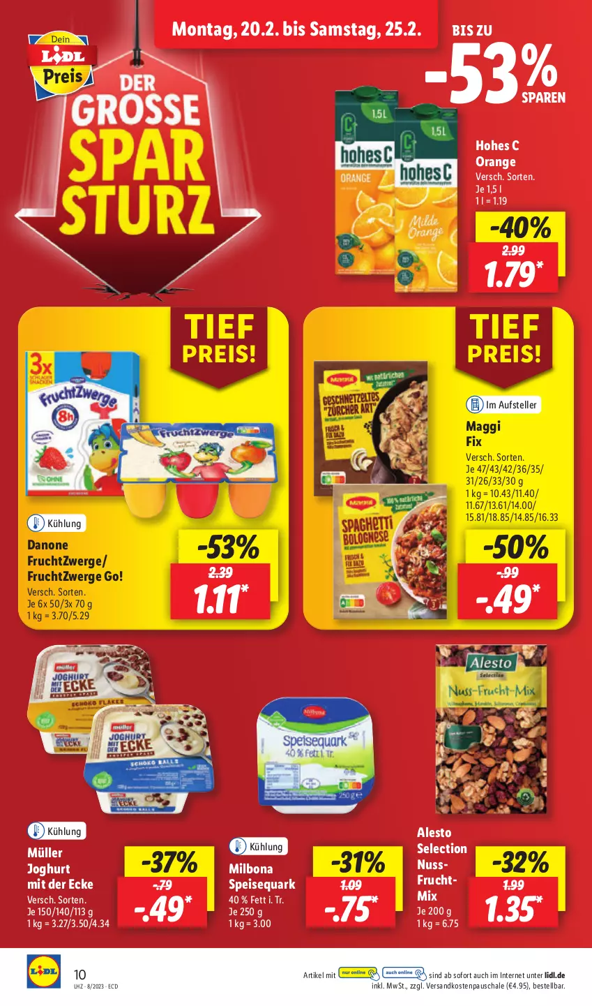 Aktueller Prospekt Lidl - Aktionsprospekt - von 20.02 bis 25.02.2023 - strona 12 - produkty: alesto, Bona, danone, danone fruchtzwerge, eis, elle, frucht, fruchtzwerge, Hohes C, joghur, joghurt, joghurt mit der ecke, maggi, maggi fix, Milbona, Müller, ndk, nuss, orange, quark, reis, Schal, Schale, speisequark, teller, Ti