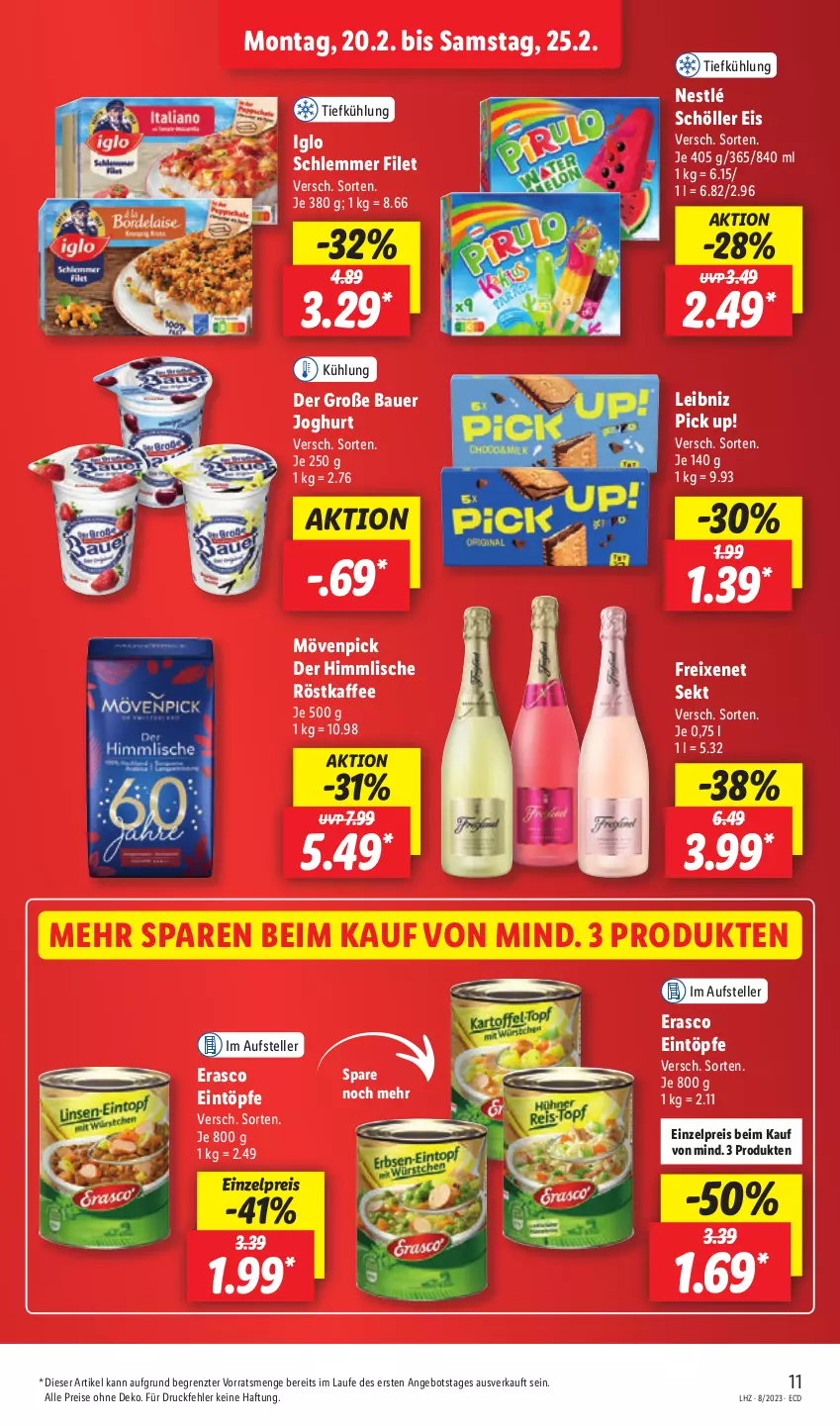 Aktueller Prospekt Lidl - Aktionsprospekt - von 20.02 bis 25.02.2023 - strona 13 - produkty: angebot, auer, Bau, Bauer, eintöpfe, eis, elle, erasco, filet, freixenet, iglo, joghur, joghurt, kaffee, leibniz, mövenpick, nestlé, nestlé schöller, Pick Up!, reis, röstkaffee, Schöller, sekt, teller, Ti, ZTE