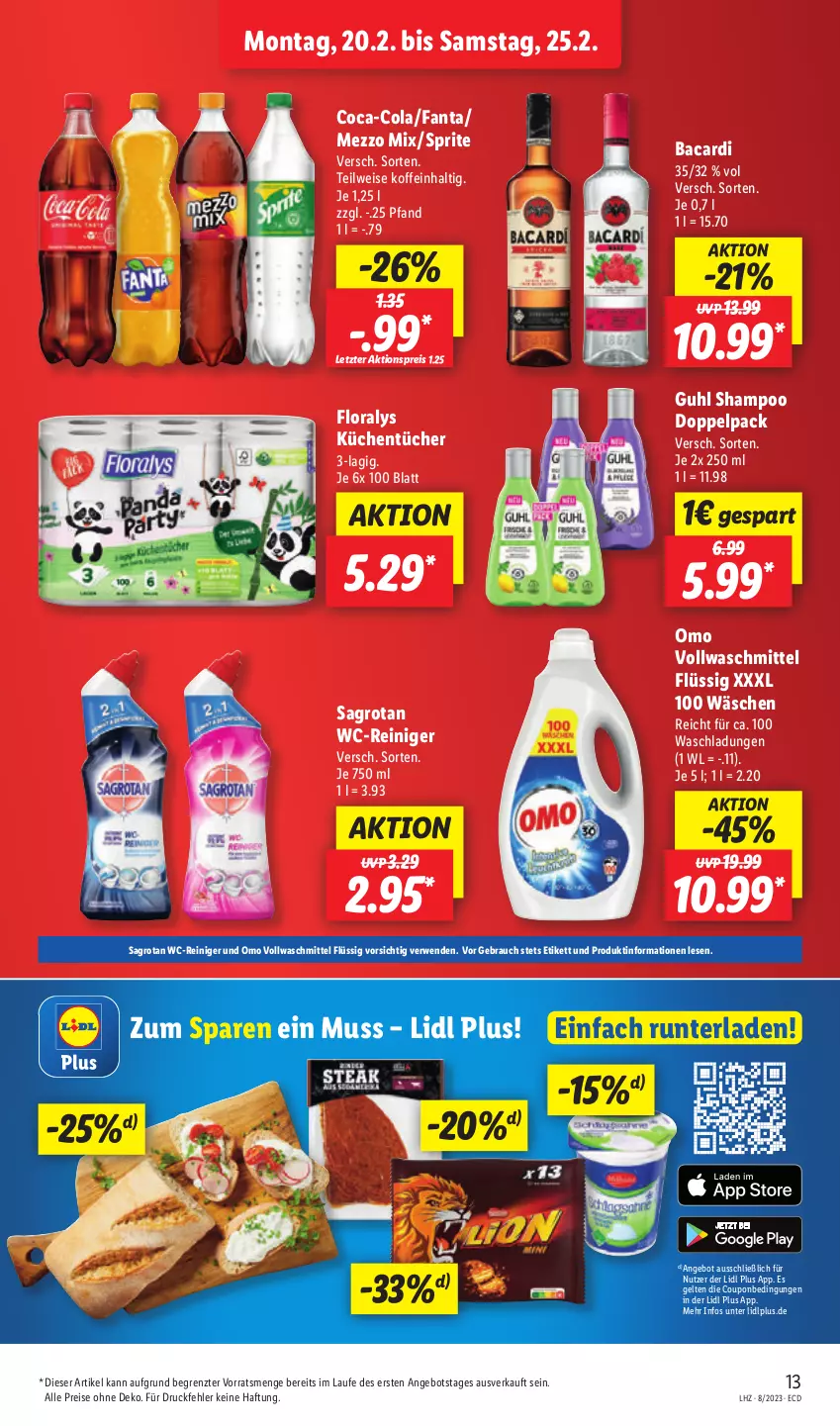 Aktueller Prospekt Lidl - Aktionsprospekt - von 20.02 bis 25.02.2023 - strona 15 - produkty: aktionspreis, angebot, bacardi, coca-cola, cola, coupon, eis, fanta, Floralys, Guhl, küche, Küchen, küchentücher, Mezzo Mix, Rauch, reiniger, reis, rwe, sagrotan, shampoo, sprite, Ti, tücher, vollwaschmittel, waschmittel, wc-reiniger, ZTE