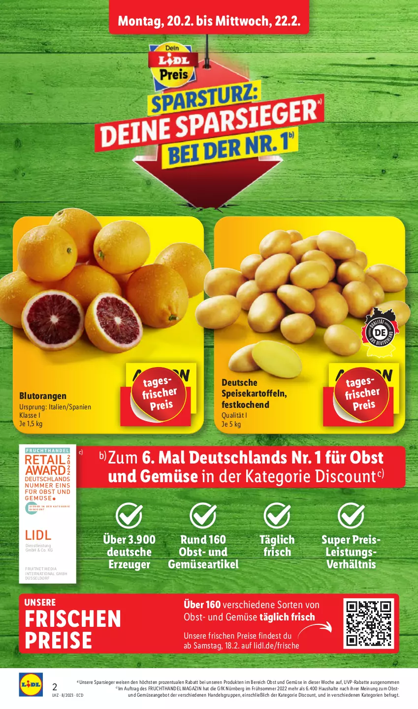 Aktueller Prospekt Lidl - Aktionsprospekt - von 20.02 bis 25.02.2023 - strona 2 - produkty: angebot, Blutorange, discount, eis, ente, frucht, kartoffel, kartoffeln, magazin, obst, Obst und Gemüse, orange, orangen, reis, speisekartoffeln, Ti, und gemüse