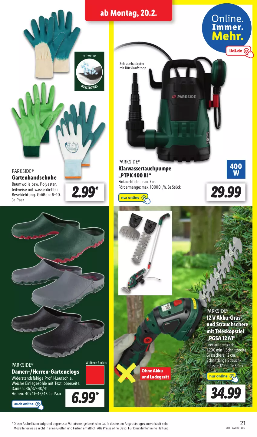 Aktueller Prospekt Lidl - Aktionsprospekt - von 20.02 bis 25.02.2023 - strona 23 - produkty: adapter, akku, angebot, Bau, baumwolle, Brei, Clogs, dell, eis, elle, Garten, Grasschere, handschuhe, HP, ladegerät, messer, Mode, ohne akku und ladegerät, Parkside, Rauch, reis, Schere, schlauch, schuhe, Strauchschere, Teleskop, teleskopstiel, Ti, wasser, wolle, ZTE