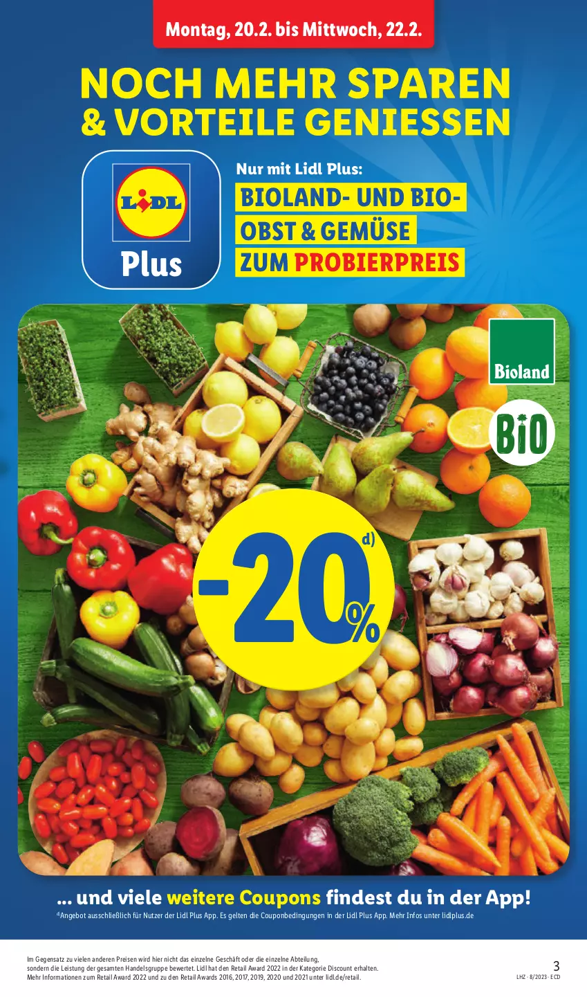 Aktueller Prospekt Lidl - Aktionsprospekt - von 20.02 bis 25.02.2023 - strona 3 - produkty: Abtei, angebot, bier, bio, bioland, coupon, coupons, discount, eis, obst, reis, Ti