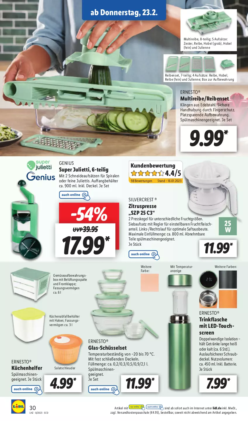 Aktueller Prospekt Lidl - Aktionsprospekt - von 20.02 bis 25.02.2023 - strona 32 - produkty: batterie, Bau, Behälter, decke, Deckel, edelstahl, eis, ernesto, flasche, fleisch, frucht, fruchtfleisch, getränk, getränke, küche, Küchen, Küchenhelfer, ndk, saft, salat, Schal, Schale, schüssel, silvercrest, spülmaschinen, Ti, touchscreen, trinkflasche, usb, Zitruspresse