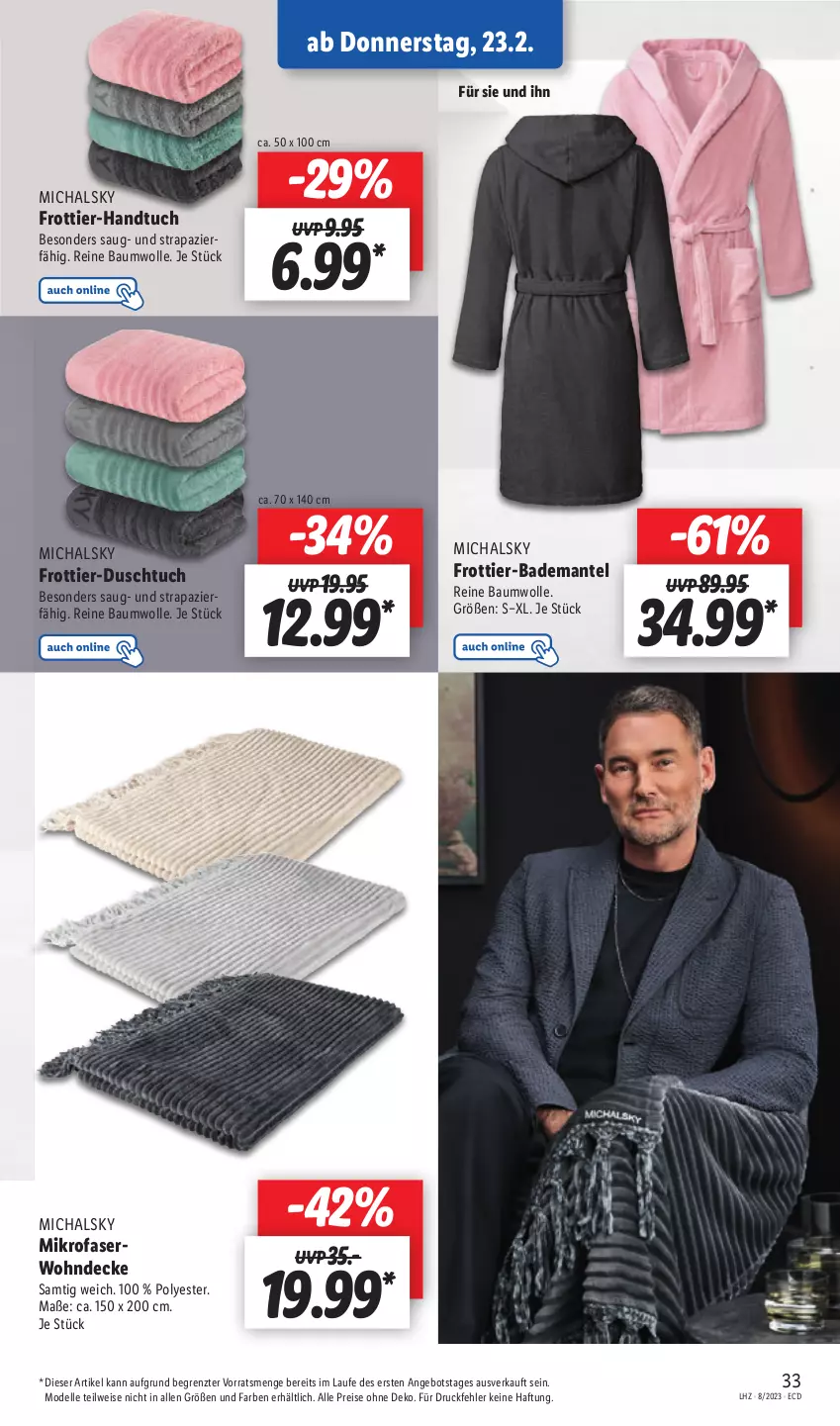 Aktueller Prospekt Lidl - Aktionsprospekt - von 20.02 bis 25.02.2023 - strona 35 - produkty: angebot, Bad, Bademantel, Bau, baumwolle, decke, dell, duschtuch, eis, elle, frottier-handtuch, handtuch, Mantel, mikrofaser, Mode, reine baumwolle, reis, Ti, tuc, wolle, ZTE