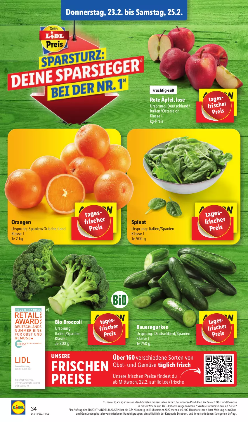 Aktueller Prospekt Lidl - Aktionsprospekt - von 20.02 bis 25.02.2023 - strona 36 - produkty: angebot, auer, Bau, Bauer, bio, broccoli, discount, eis, ente, frucht, gurke, gurken, magazin, obst, Obst und Gemüse, orange, orangen, reis, spinat, Ti, und gemüse