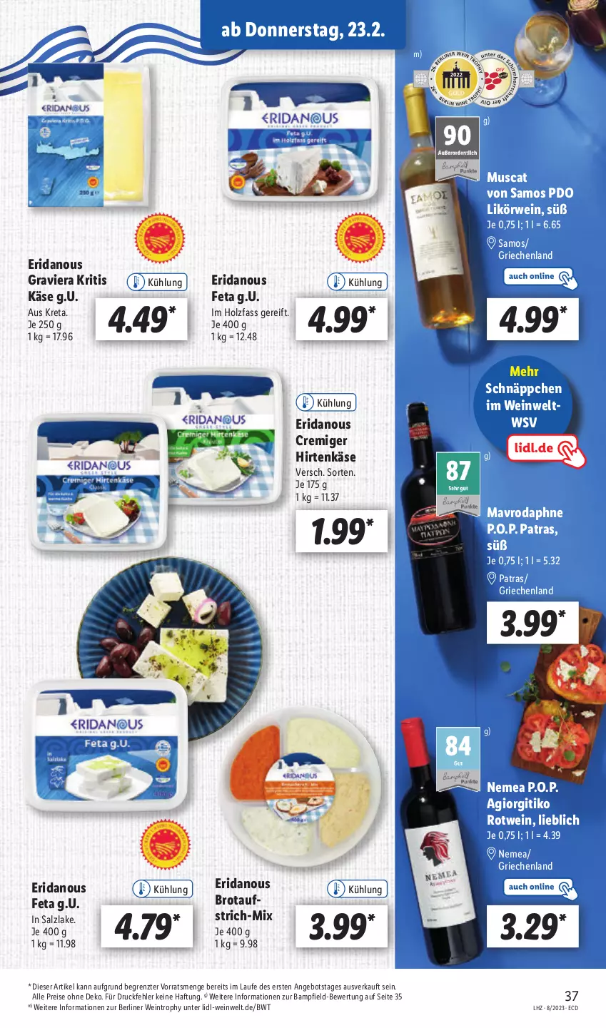 Aktueller Prospekt Lidl - Aktionsprospekt - von 20.02 bis 25.02.2023 - strona 39 - produkty: angebot, aufstrich, berliner, brot, brotaufstrich, eis, feta, hirtenkäse, Holz, Käse, likör, muscat, reis, rotwein, rwe, salz, schnäppchen, Ti, wein, ZTE