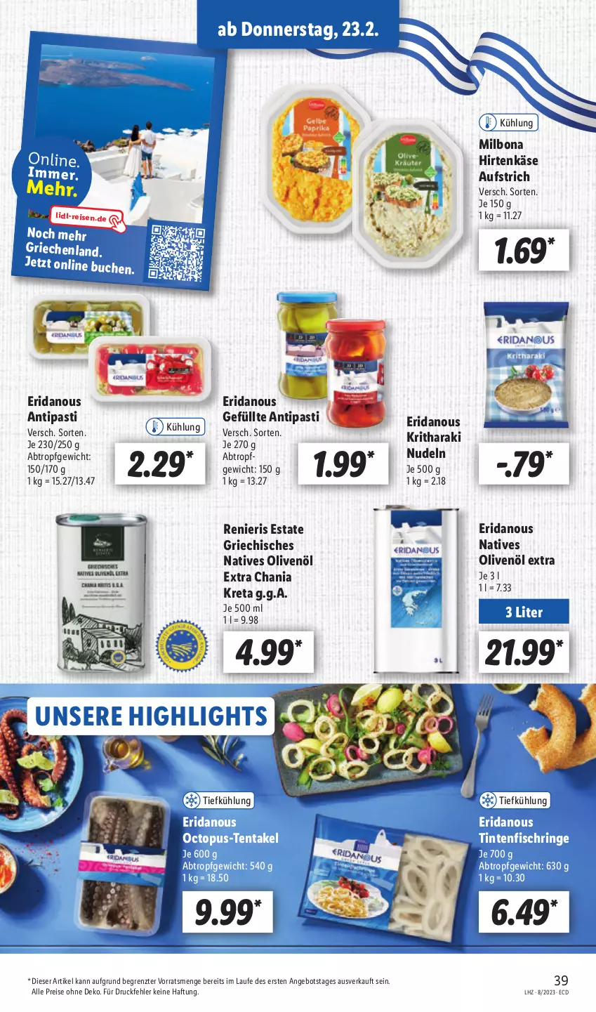 Aktueller Prospekt Lidl - Aktionsprospekt - von 20.02 bis 25.02.2023 - strona 41 - produkty: angebot, antipasti, asti, aufstrich, Bona, buch, eis, fisch, hirtenkäse, Käse, Milbona, natives olivenöl, nudel, nudeln, olive, oliven, olivenöl, olivenöl extra, reis, ring, Ti, Tintenfischringe, ZTE